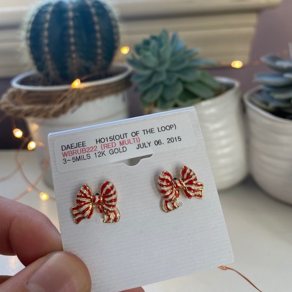 Cute Red and White Christmas Bow Studs, 12k Gold - Picture 2 of 2
